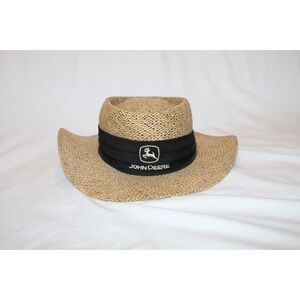 Vintage John Deere Hat Woven Straw Gambler Sun Hat Side Brim Black Logo Band